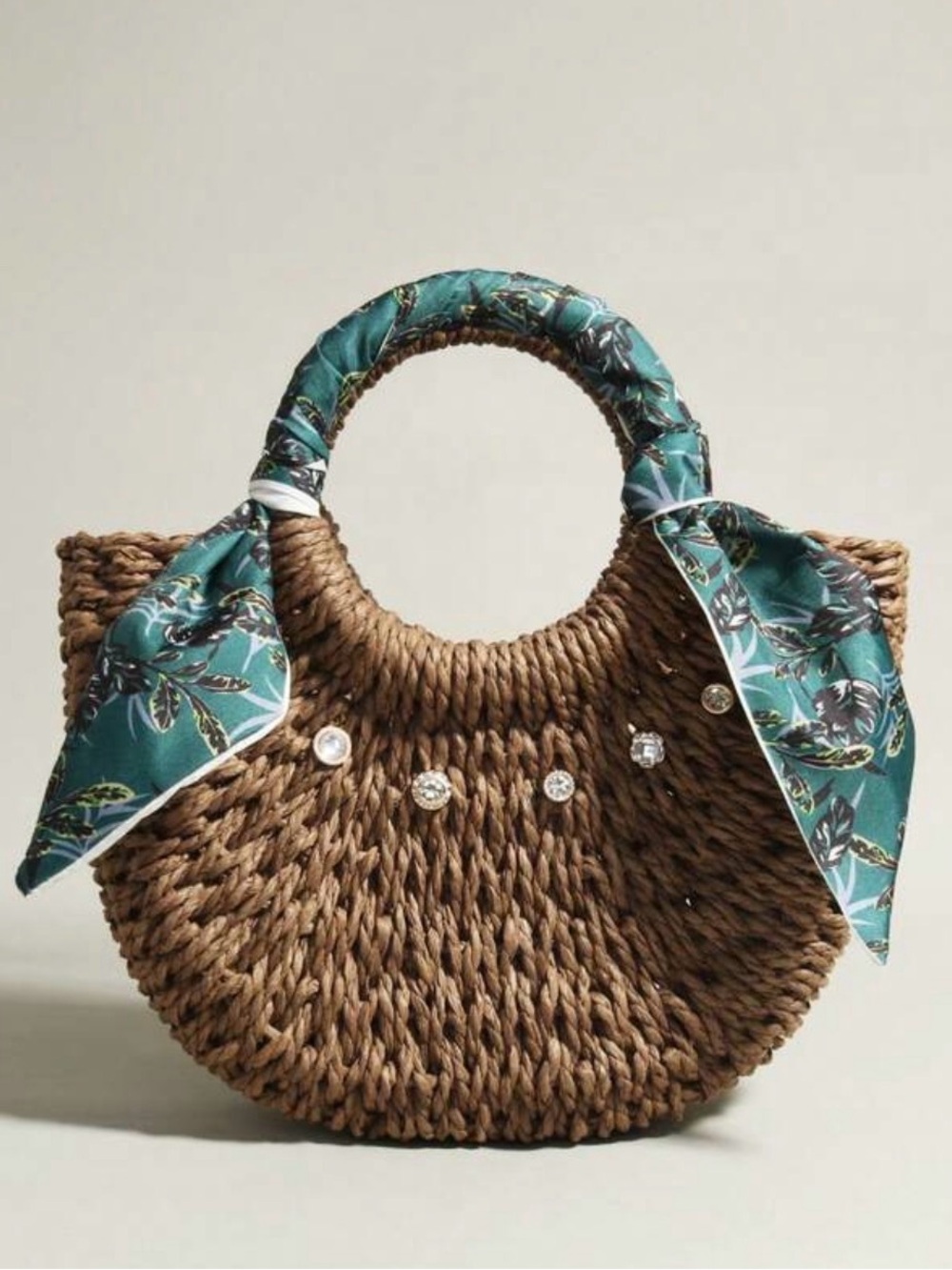 Woven Round Straw Tote with Teal Scarf and Crystal Accents